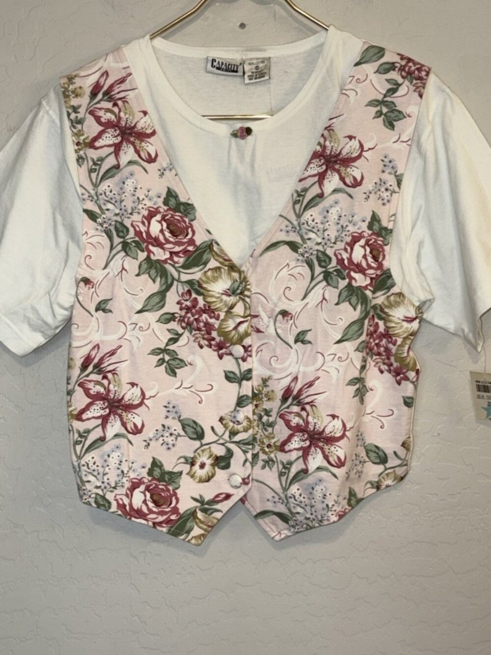 Vintage Y2K Capacity S‎ Floral Faux Vest Top Pink Cotton Layered NWT Cottagecore